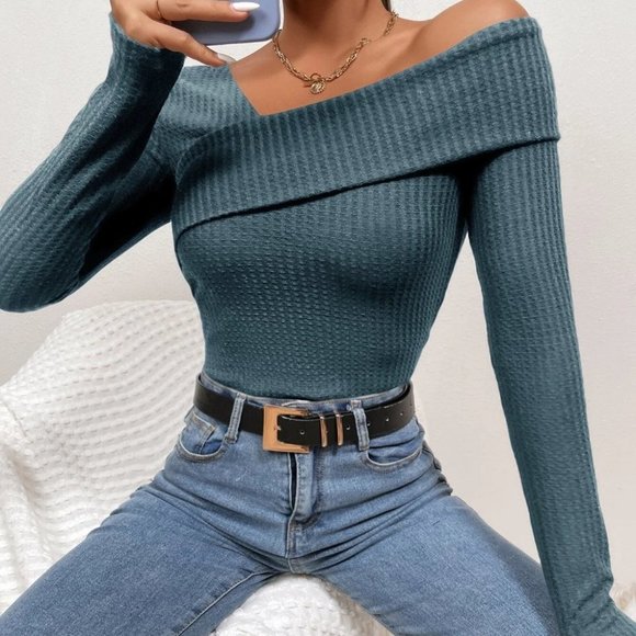 . Tops - Teal Blue Asymmetrical Neck Waffle Knit Tee minimalist Bodysuit